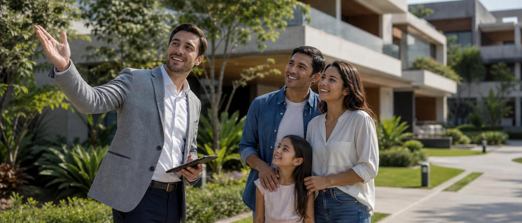 Asesor inmobiliario de Luzami conversando con una familia mientras observan juntos el proyecto residencial