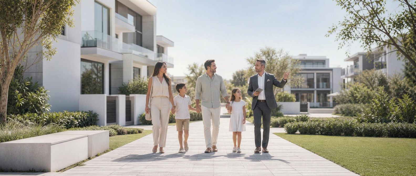 Asesor de Luzami recorriendo un proyecto residencial junto a una familia